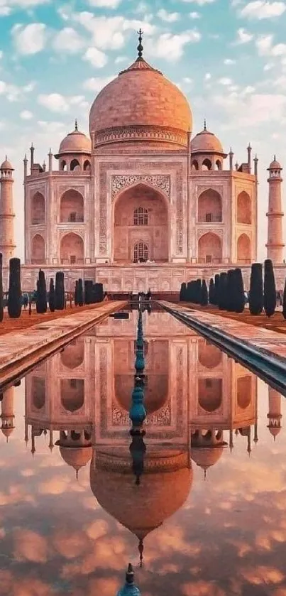 Taj Mahal with reflection under a vibrant sky.