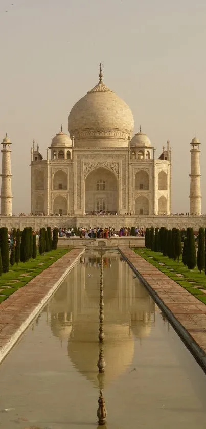 Taj Mahal reflected in a serene pool under a clear sky.