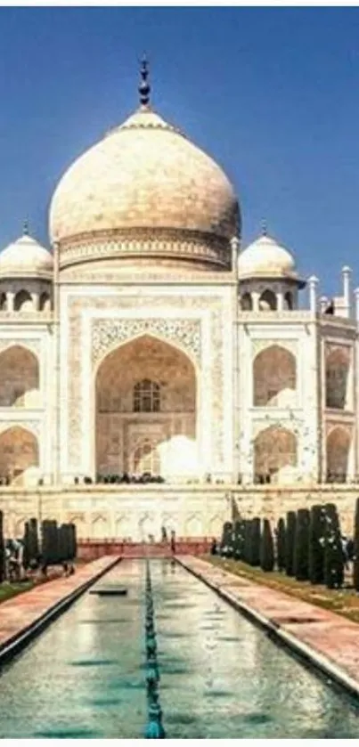 Stunning view of the Taj Mahal against a clear blue sky.