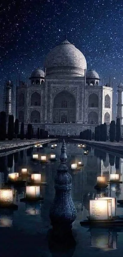 Taj Mahal under starry night with floating lanterns reflecting in water.