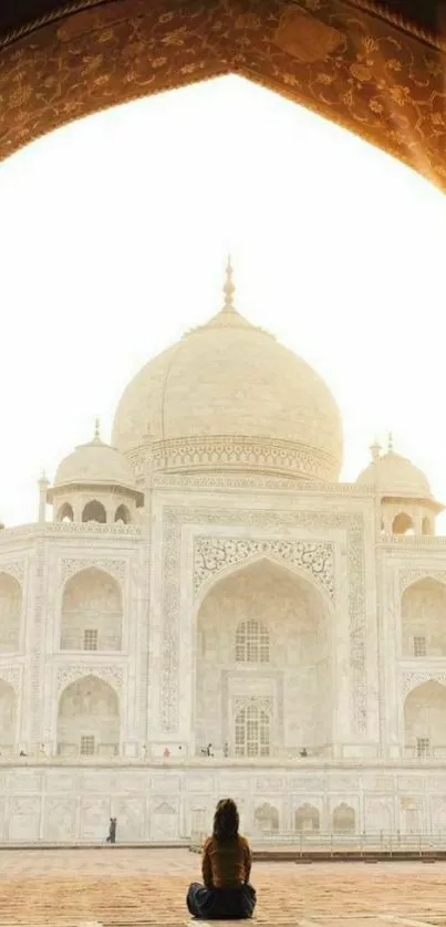 Sunrise view of Taj Mahal with warm light.