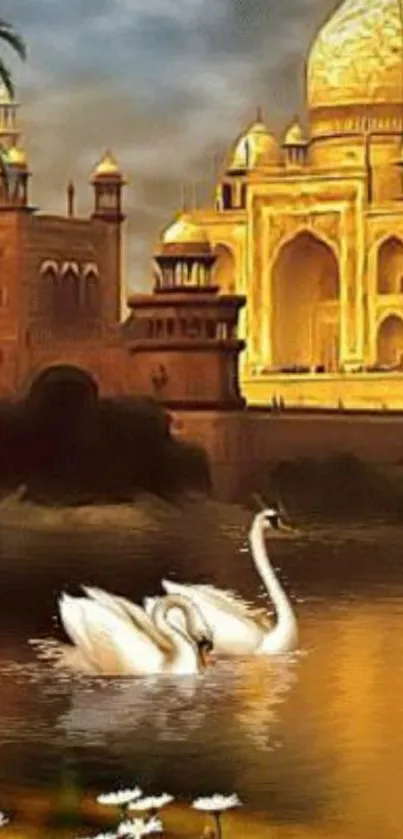 Artistic depiction of swans near Taj Mahal with golden reflections.