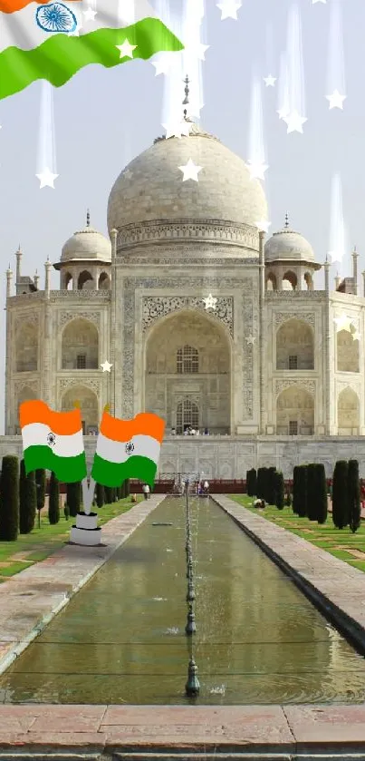 Taj Mahal with Indian flags in vibrant display.