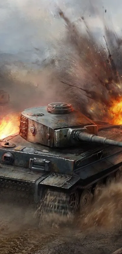 Tank navigating a battlefield explosion scene with vibrant flames.