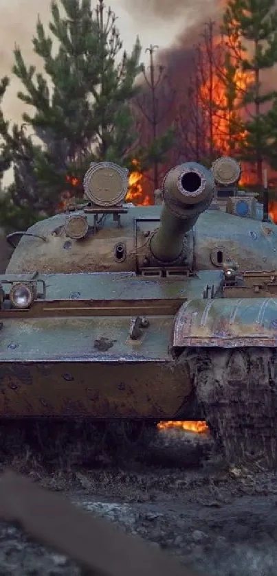 Mobile wallpaper of a tank in a fiery battlefield with a burning forest.