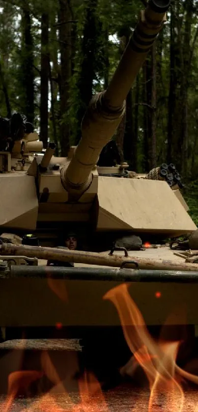 Tank driving through a tranquil forest path providing a stunning nature backdrop.