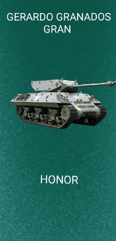 Tank on a textured teal background with white text.