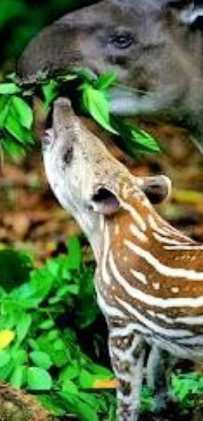 Tapir family in a lush green jungle setting with vibrant foliage.