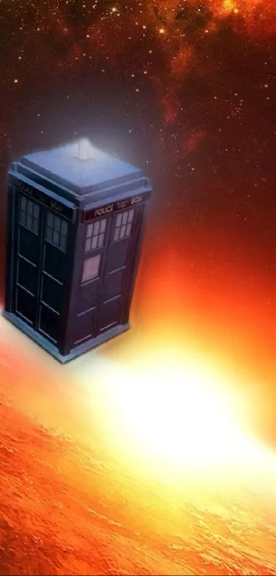 TARDIS floating in a vibrant space scene above a glowing planet horizon.