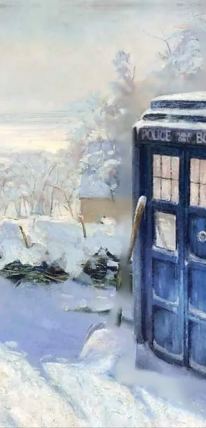 TARDIS amidst a serene snowy winter landscape.