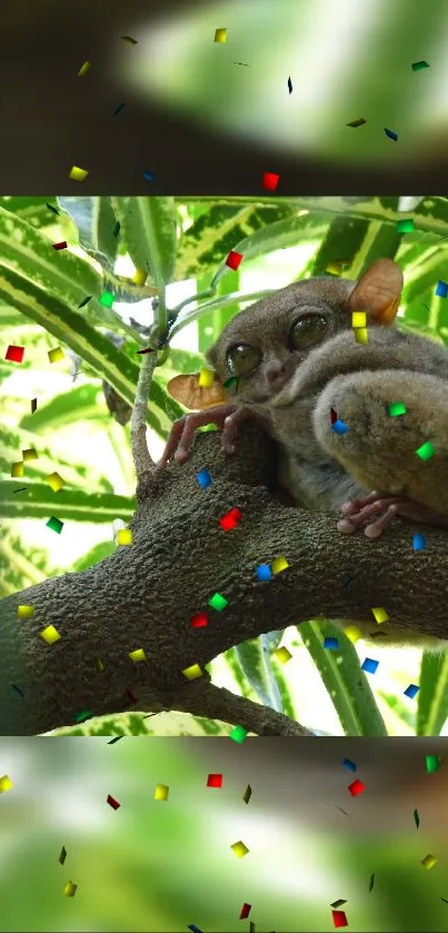 Tarsier resting on tree branch with colorful confetti overlay in jungle setting.