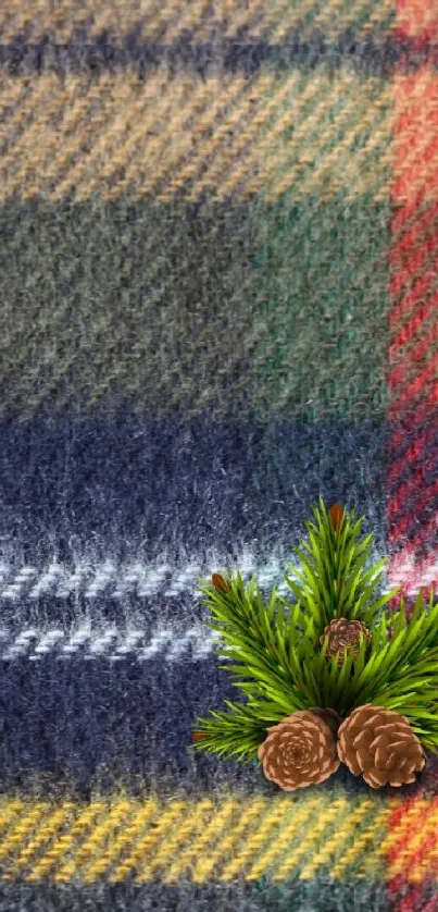 Tartan plaid wallpaper with a pinecone accent on a colorful background.