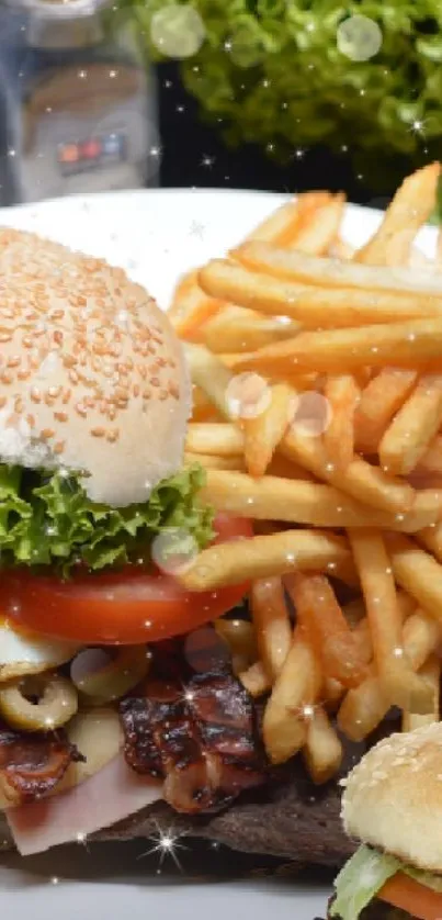 Appetizing burger and fries with fresh vegetables on display.