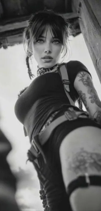 Tattooed individual in a black and white artistic portrait.