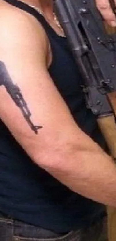 Artistic fusion of tattoo design and rifle imagery on arm.