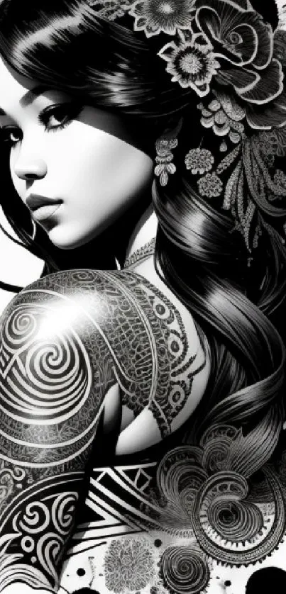 Black and white art wallpaper with intricate tattoo design on a woman's portrait.