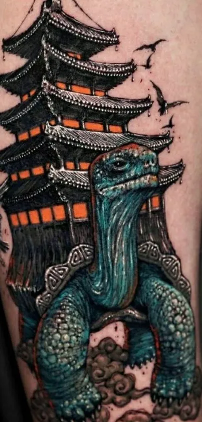 Mystical turtle tattoo with a pagoda on its back, vibrant teal design.