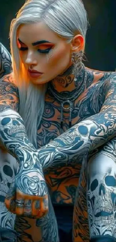 Woman with tattoos and angel wings sitting.