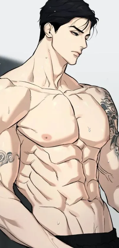 Anime character with tattoos and muscular build.