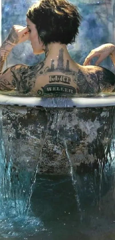 Tattooed person relaxing in overflowing bathtub.