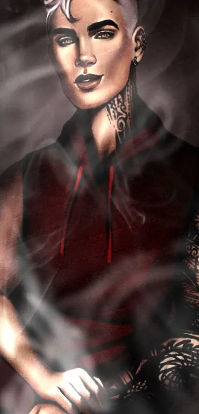 Tattooed person in smoky art style wallpaper with dark red tones.