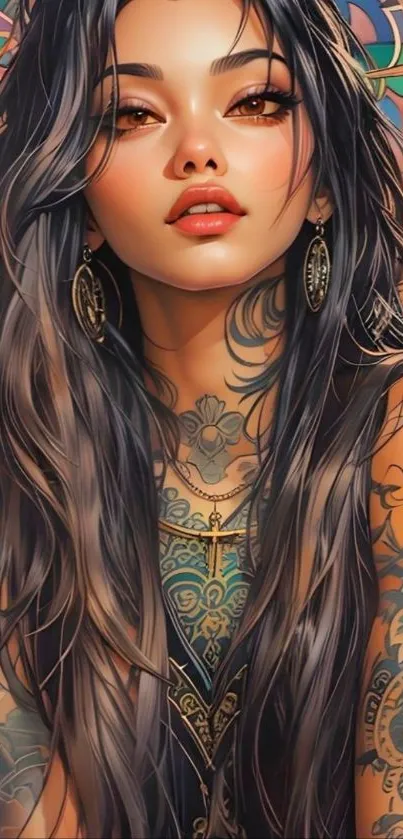 Artistic portrait of a tattooed woman with long hair in vibrant colors.