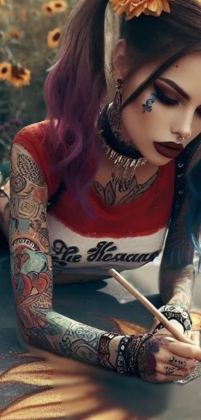 Tattooed woman with colorful hair drawing in a garden setting, showcasing body art.