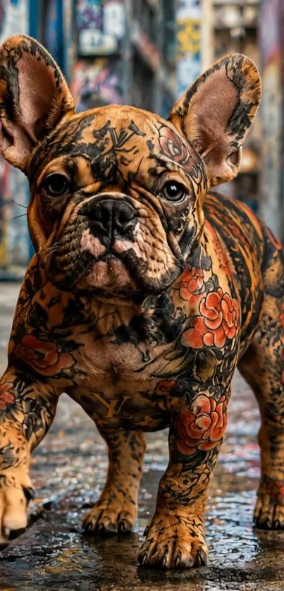 Tattooed bulldog walking in graffiti alley.