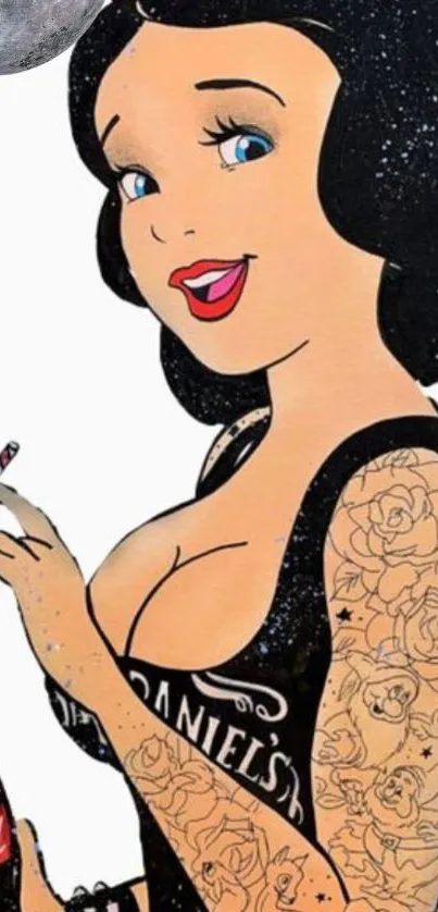 Cartoon-style art of a tattooed character sipping a drink.