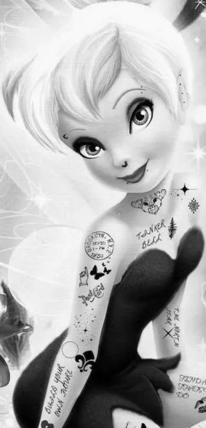 Tattooed fairy in monochrome style, with floral accents.