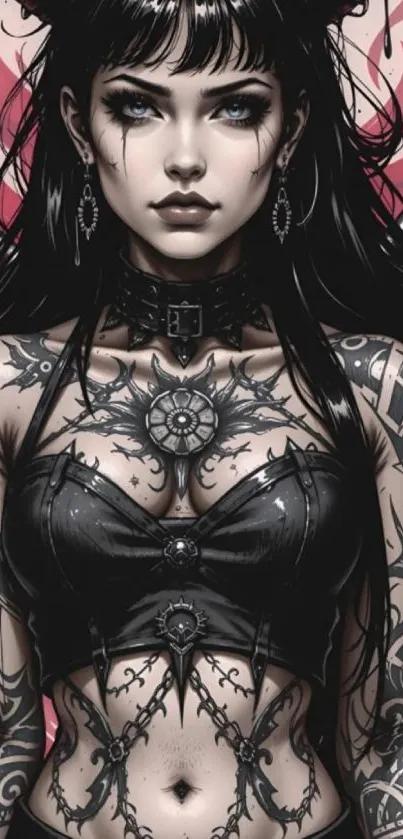 Tattooed fantasy character with gothic art style.