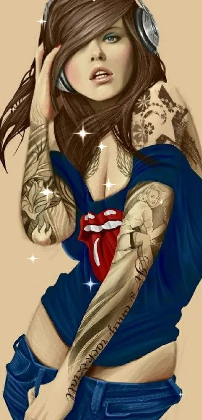 Digital artwork featuring a tattooed girl with headphones.