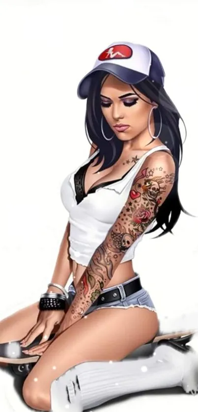 Digital artwork of a tattooed girl in a cap with white background.