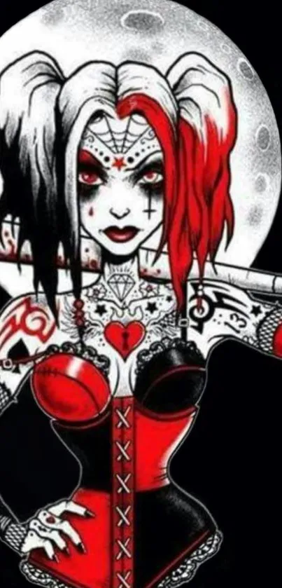 Gothic character art with tattoos and red accents under a moonlit sky.