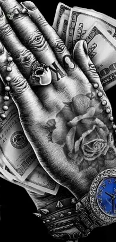 Tattooed hands holding cash with a blue watch and rosary.