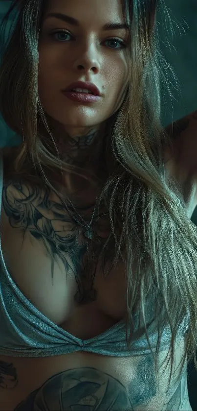 Tattooed model in an intense artistic pose.
