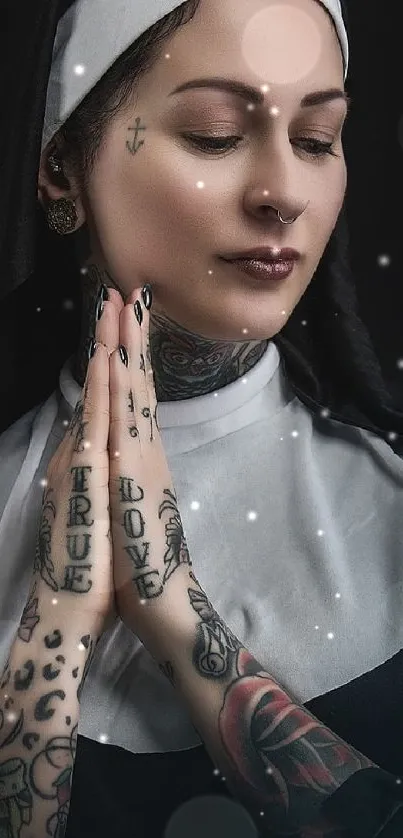 Tattooed nun in prayer, artistic mobile wallpaper.