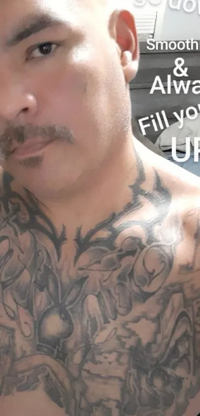 Tattooed individual with chest designs in a mobile wallpaper.