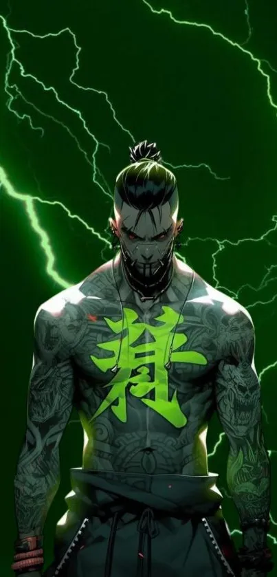 Tattooed samurai with green lightning and dark aesthetic background.