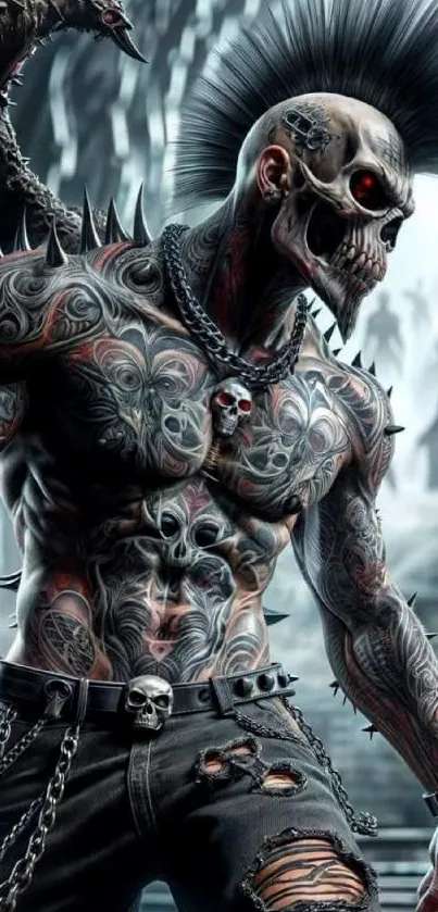 Tattooed skeletal warrior with spiked hair and intricate tattoos.