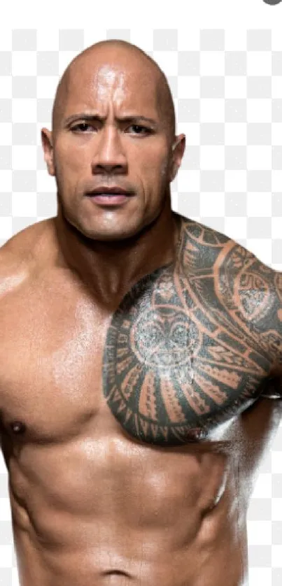 Tattooed strongman with tribal tattoo, muscular build, fitness theme.