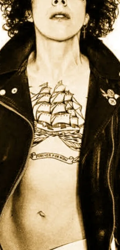 Person with curls, ship tattoo, and leather jacket in sepia tones.