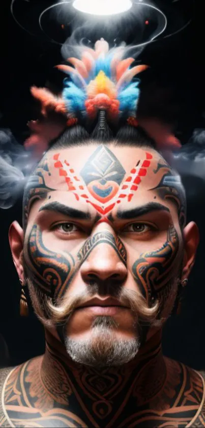 Tattooed tribal warrior with vivid face art.