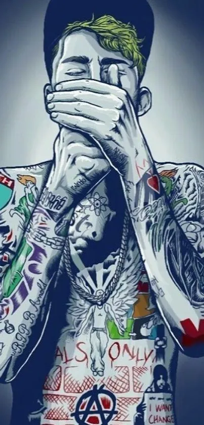 Tattooed figure mobile wallpaper with urban art style.