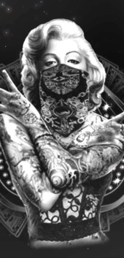 Tattooed vintage icon with rebellious pose in black and white art style.