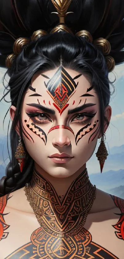 Fierce warrior woman with tattoos and dramatic mountain background.