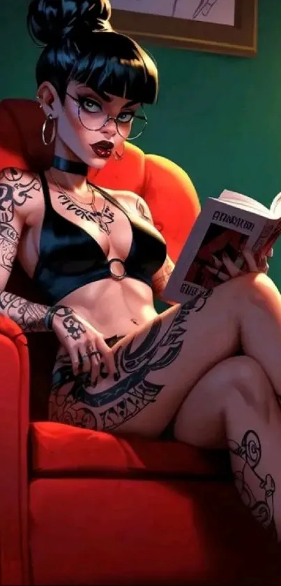 Tattooed woman in red chair reading a book.