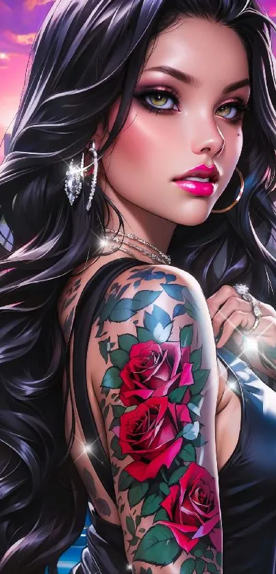 Illustration of a woman with tattoos in cityscape.