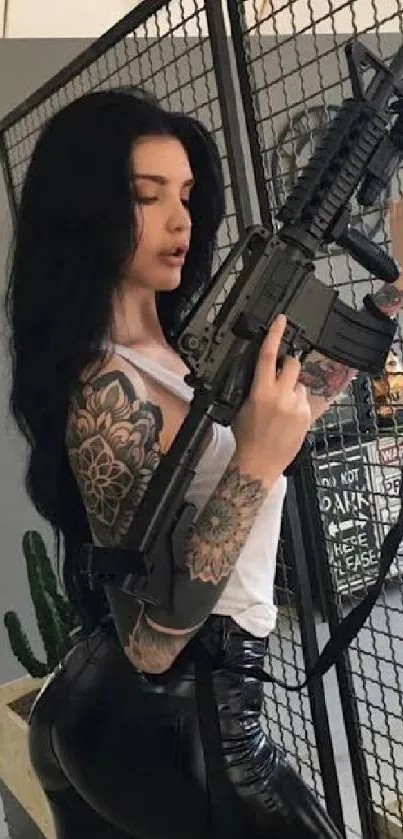 Tattooed woman holding a rifle in edgy art wallpaper.