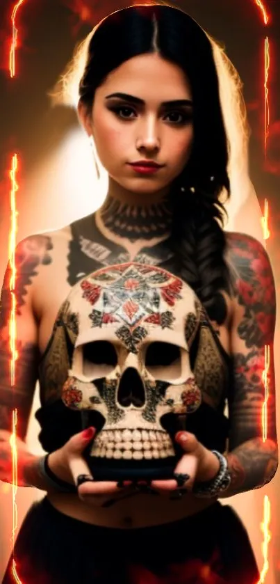 Tattooed woman holding an artistically designed skull against a fiery background.